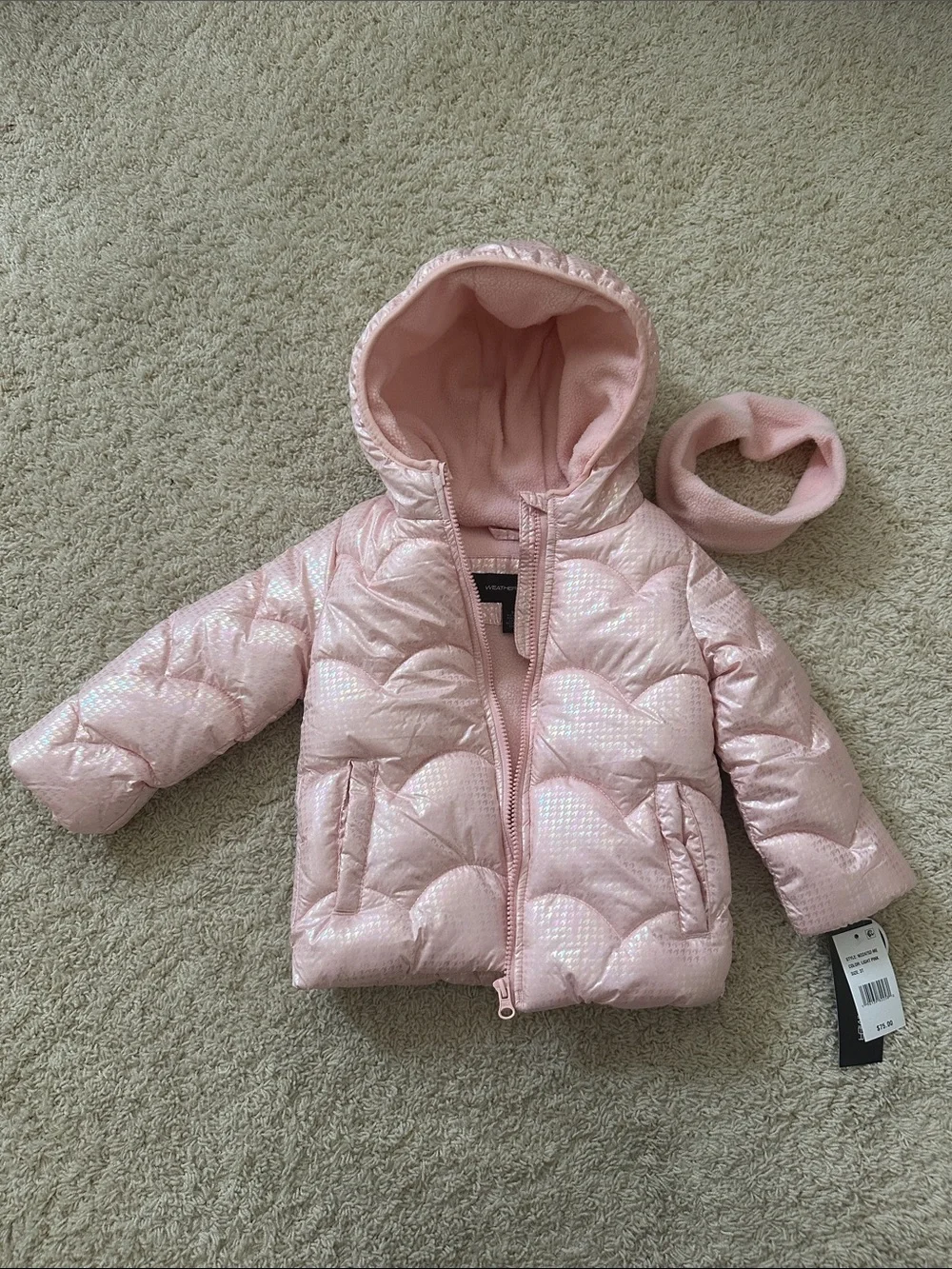 Girls' Shimmer Quilted Hooded Puffer Jacket in Light Pink